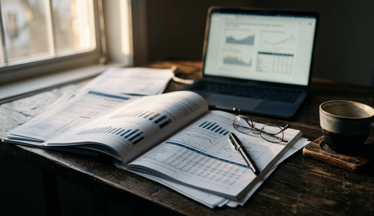 An analyst's working desk in late afternoon light, with stacked printed reports, a coffee cup, reading glasses, and an open laptop in soft focus.